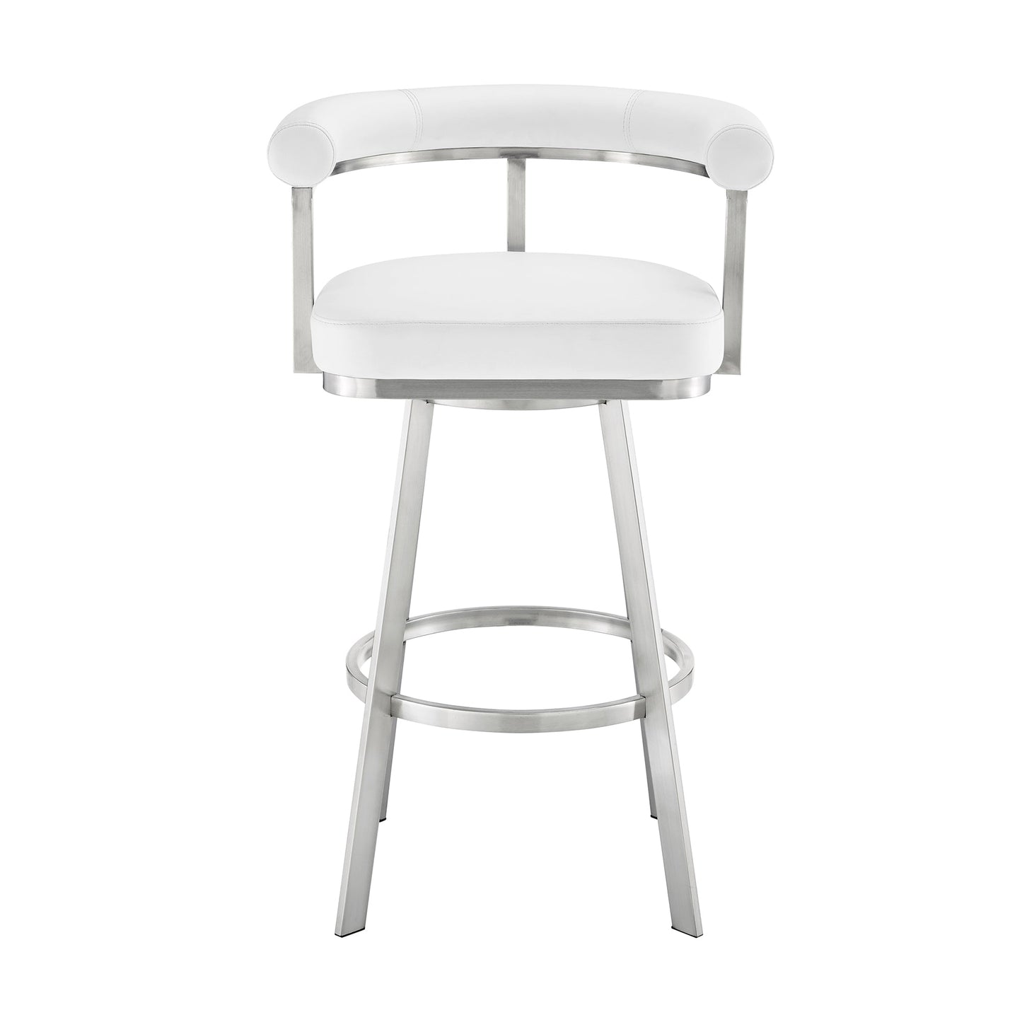 Nolagam Swivel Bar Stool in Brushed Stainless Steel with White Faux Leather