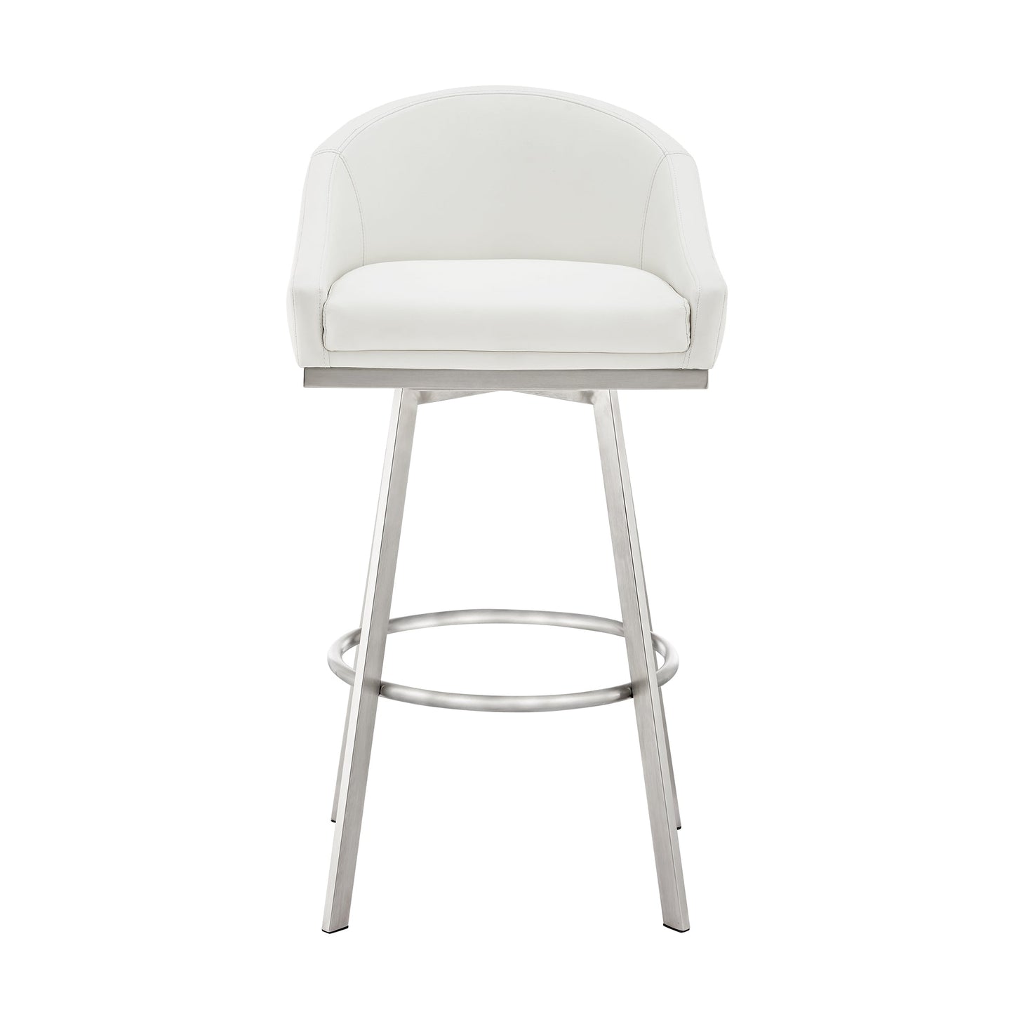 Noran Swivel Bar Stool in Brushed Stainless Steel with White Faux Leather