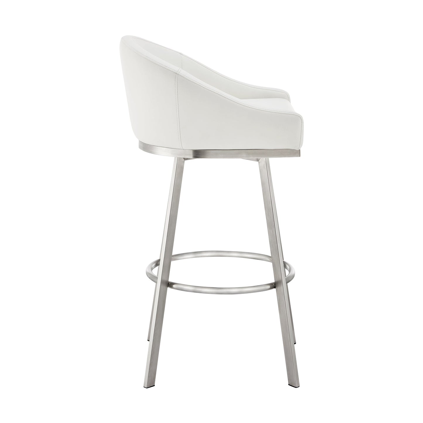 Noran Swivel Bar Stool in Brushed Stainless Steel with White Faux Leather