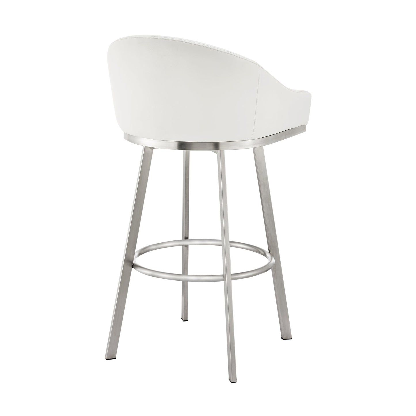 Noran Swivel Bar Stool in Brushed Stainless Steel with White Faux Leather