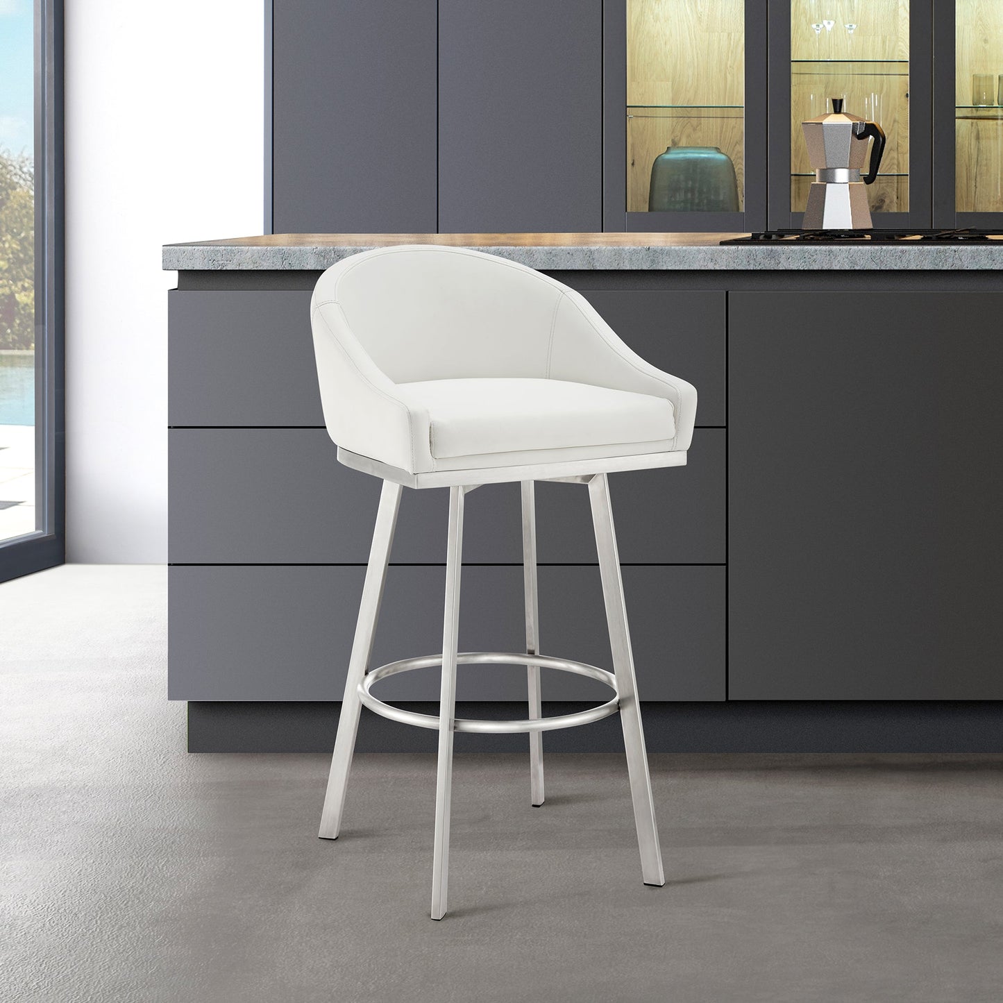 Noran Swivel Bar Stool in Brushed Stainless Steel with White Faux Leather