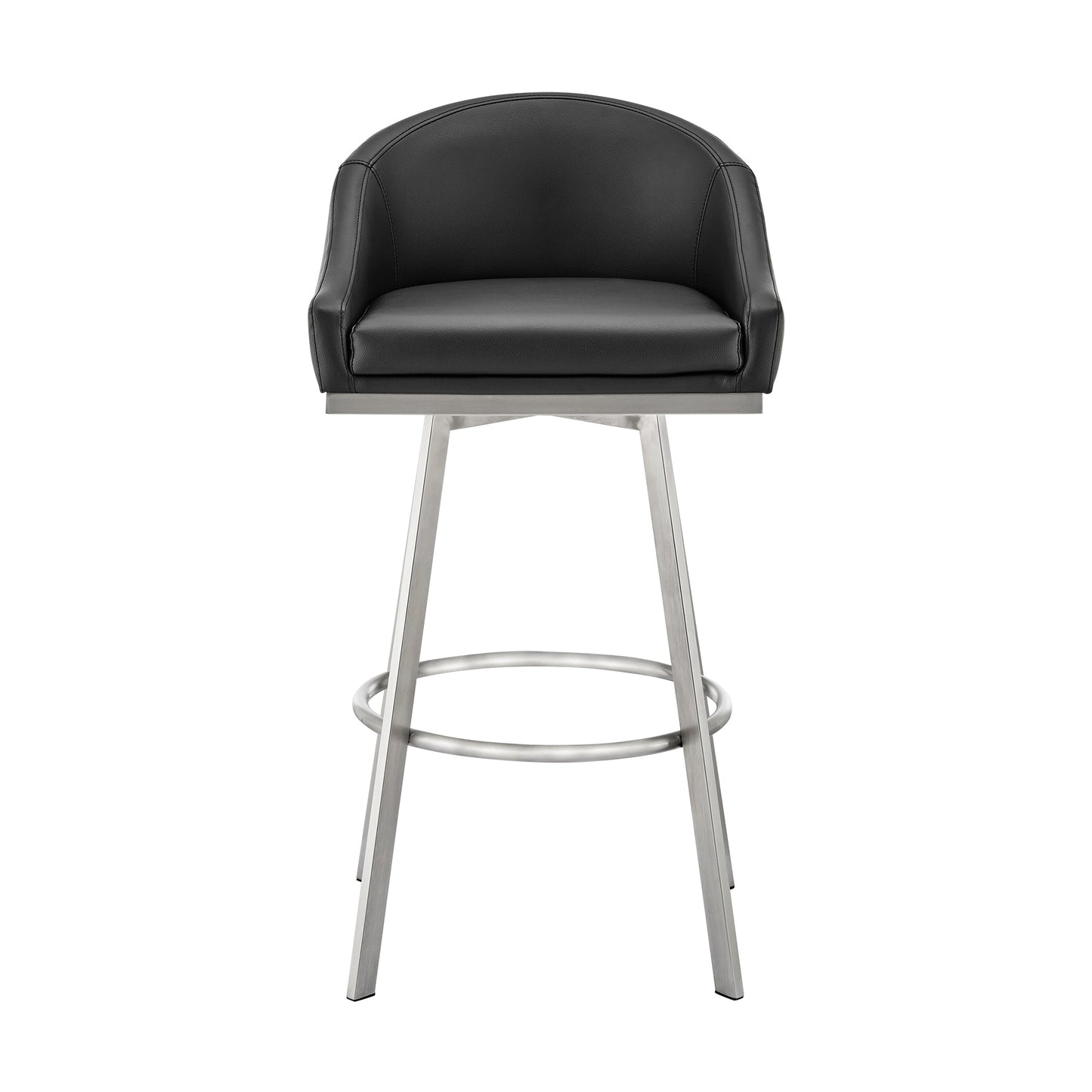 Noran Swivel Bar Stool in Brushed Stainless Steel with Black Faux Leather