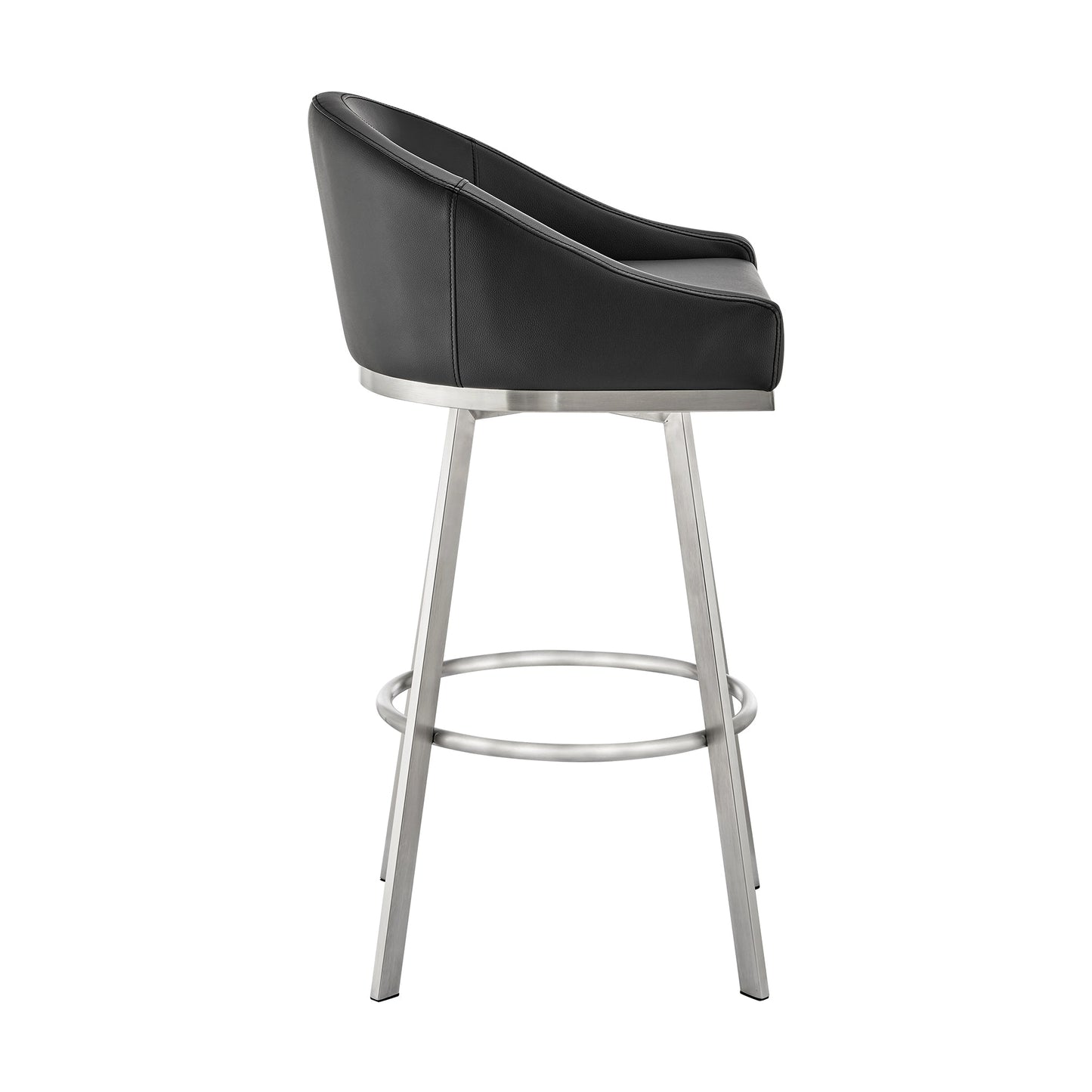 Noran Swivel Bar Stool in Brushed Stainless Steel with Black Faux Leather