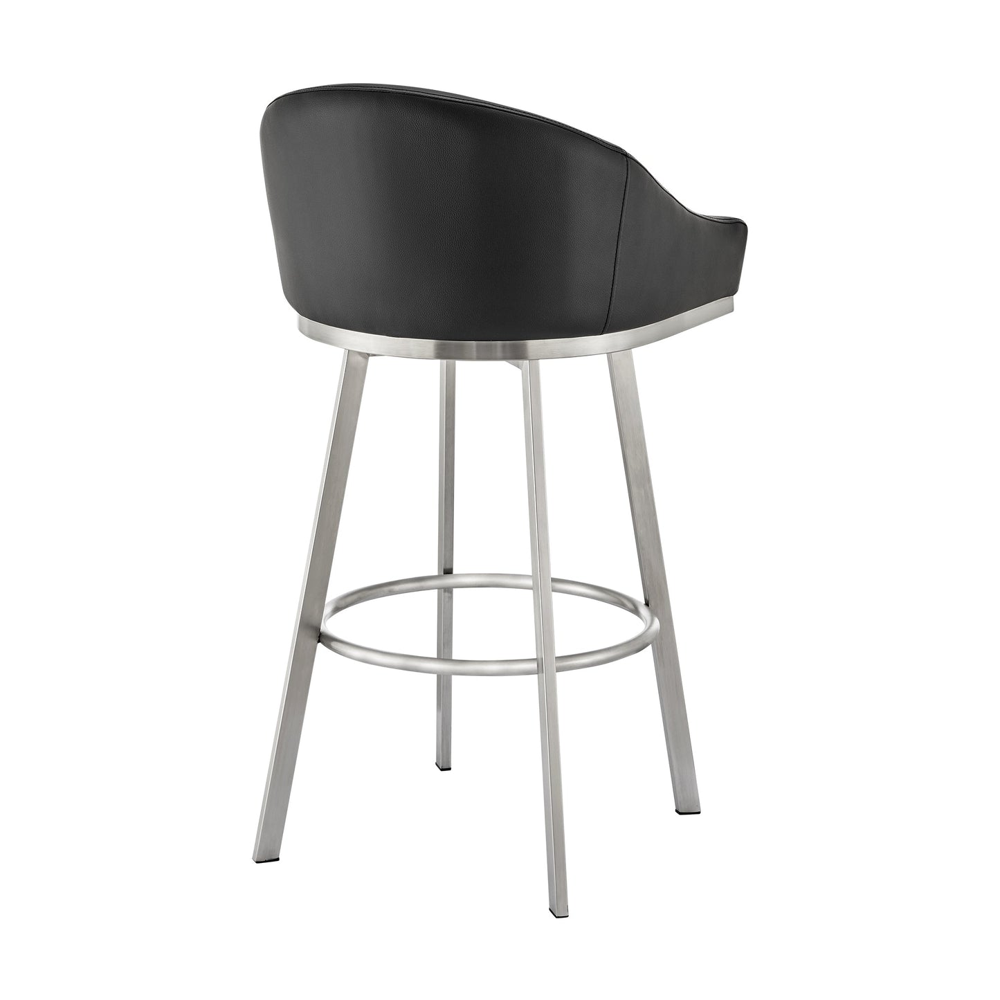 Noran Swivel Bar Stool in Brushed Stainless Steel with Black Faux Leather