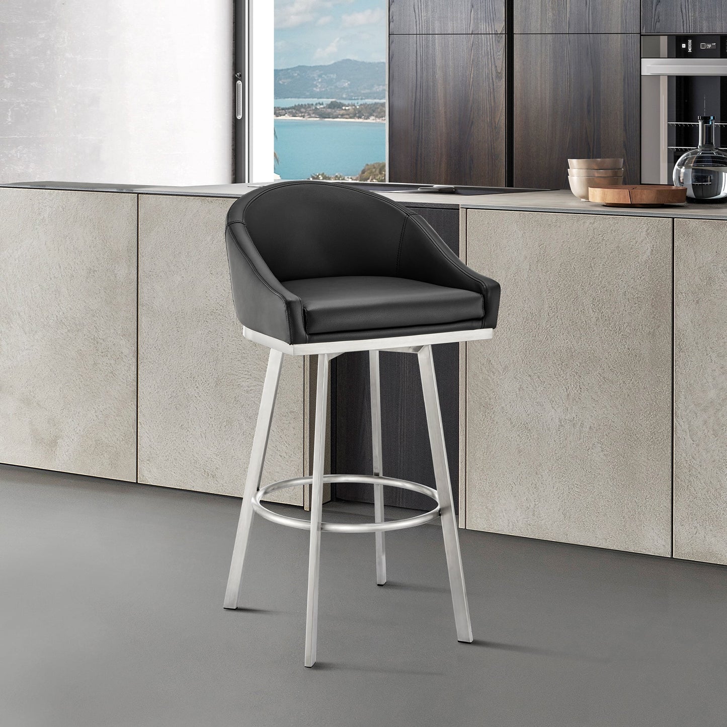 Noran Swivel Bar Stool in Brushed Stainless Steel with Black Faux Leather