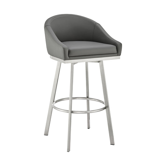 Noran Swivel Bar Stool in Brushed Stainless Steel with Gray Faux Leather