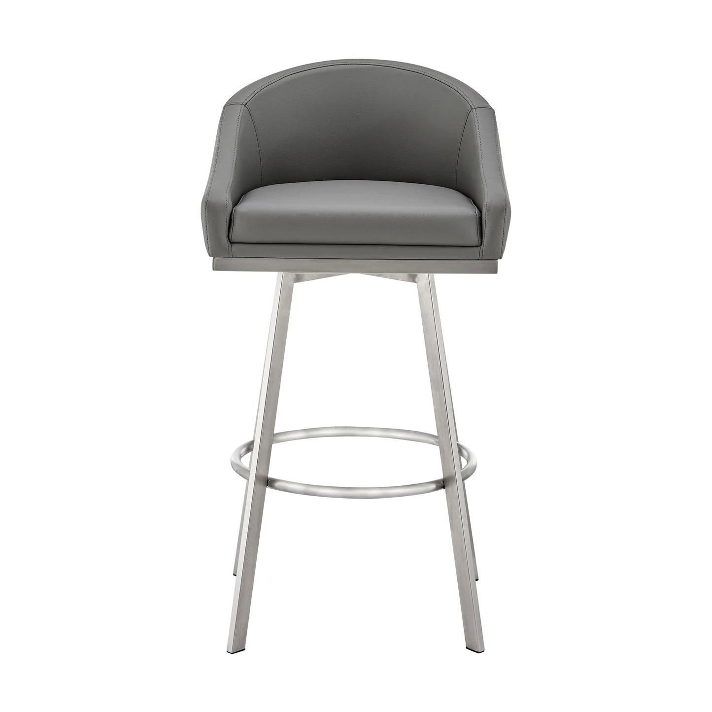 Noran Swivel Bar Stool in Brushed Stainless Steel with Gray Faux Leather