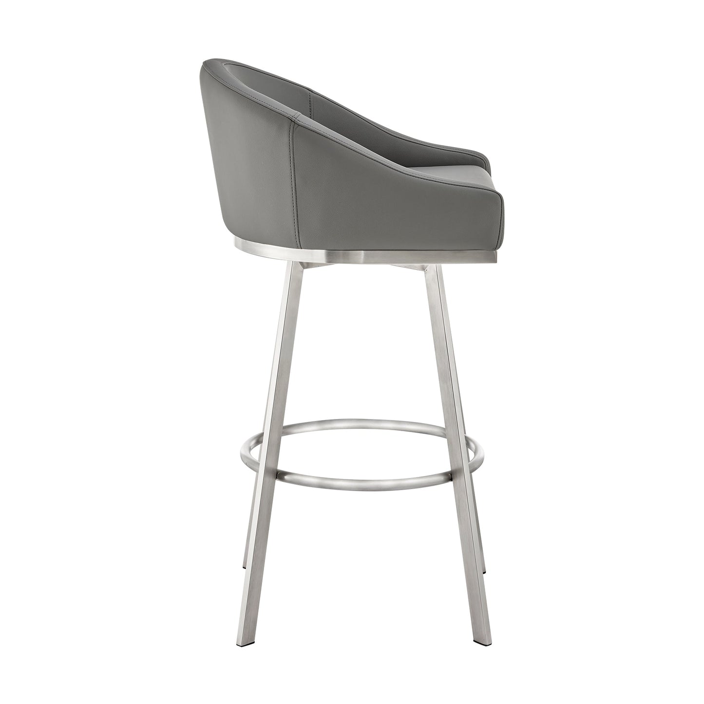 Noran Swivel Bar Stool in Brushed Stainless Steel with Gray Faux Leather