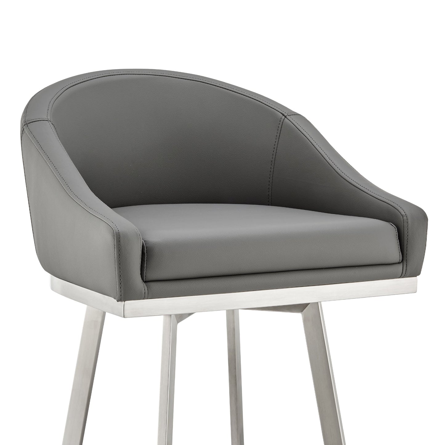 Noran Swivel Bar Stool in Brushed Stainless Steel with Gray Faux Leather