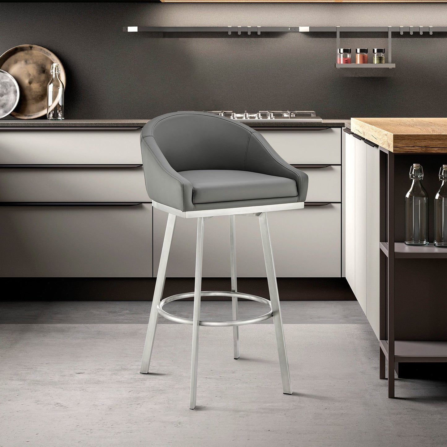 Noran Swivel Bar Stool in Brushed Stainless Steel with Gray Faux Leather