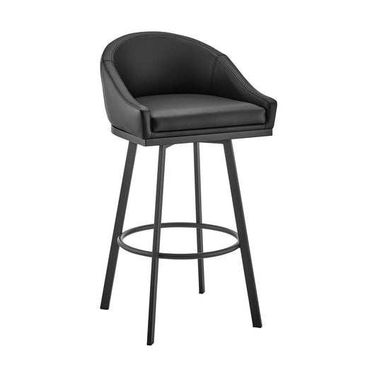 Noran Swivel Bar Stool in Black Metal with Black Faux Leather