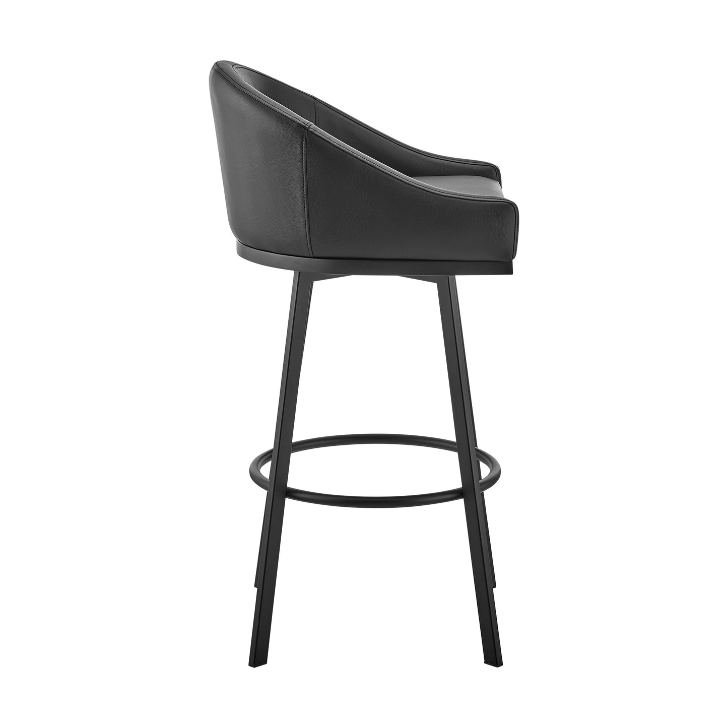 Noran Swivel Bar Stool in Black Metal with Black Faux Leather