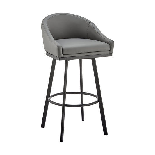 Noran Swivel Bar Stool in Black Metal with Gray Faux Leather