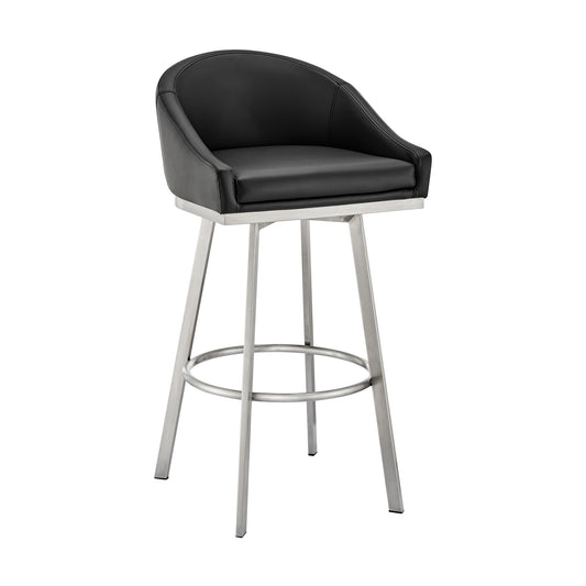 Noran Swivel Counter Stool in Brushed Stainless Steel and Black Faux Leather