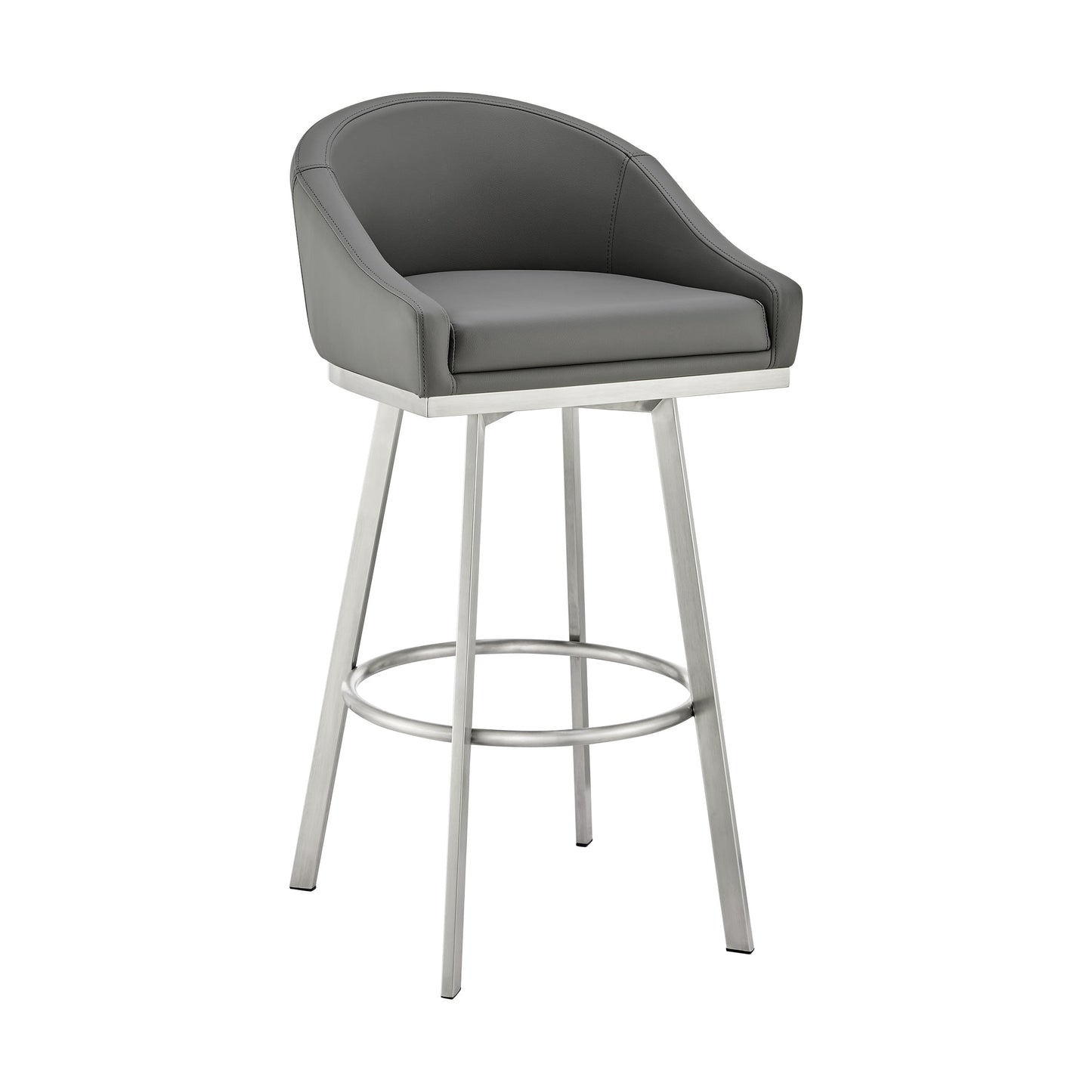 Noran Swivel Counter Stool in Brushed Stainless Steel with Gray Faux Leather