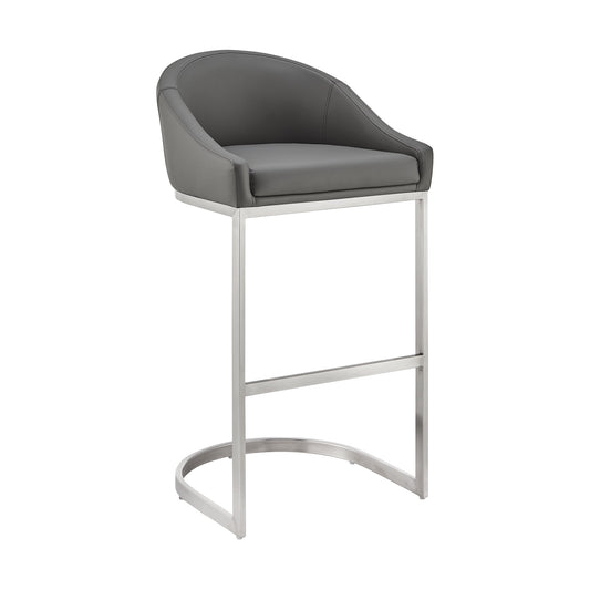 Atherik Bar Stool in Brushed Stainless Steel with Gray Faux Leather