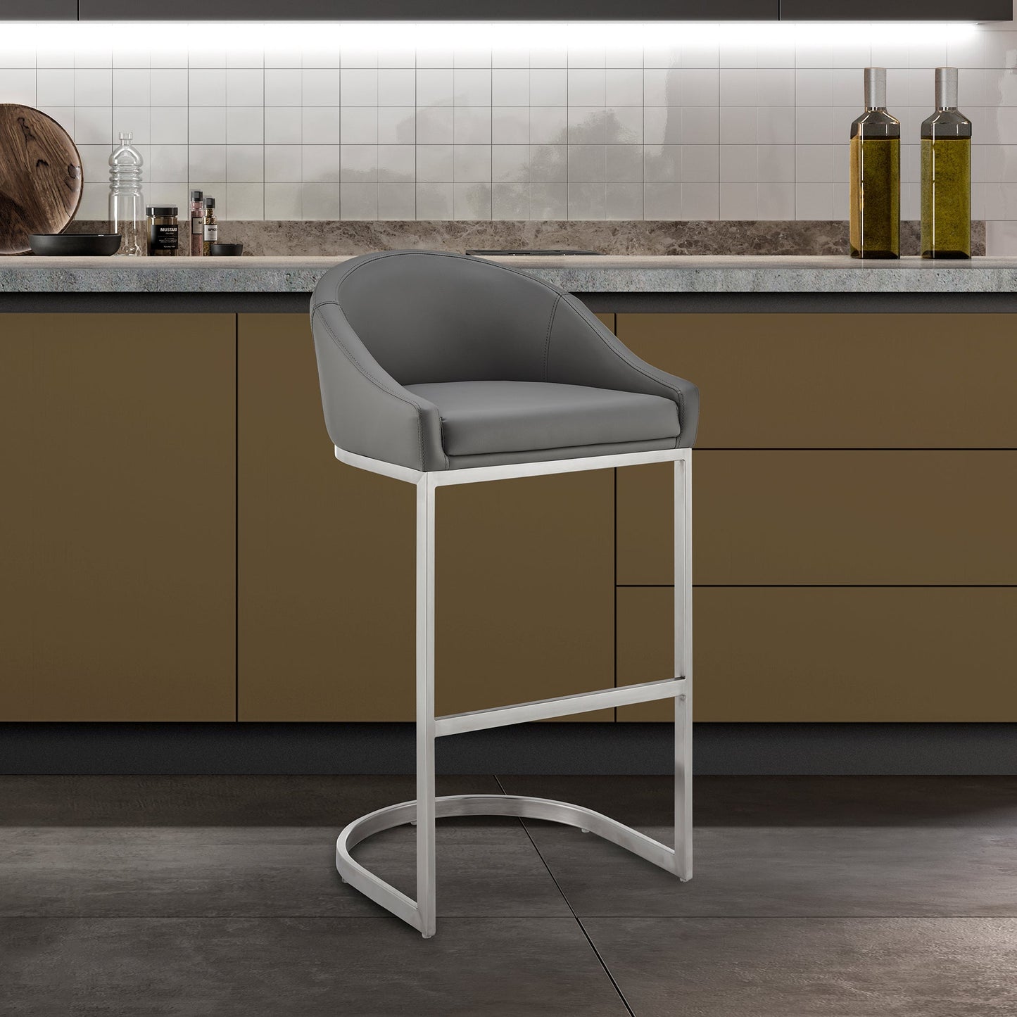 Atherik Bar Stool in Brushed Stainless Steel with Gray Faux Leather