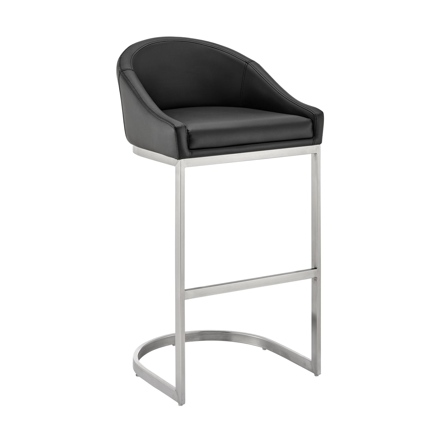 Atherik Bar Stool in Brushed Stainless Steel with Black Faux Leather