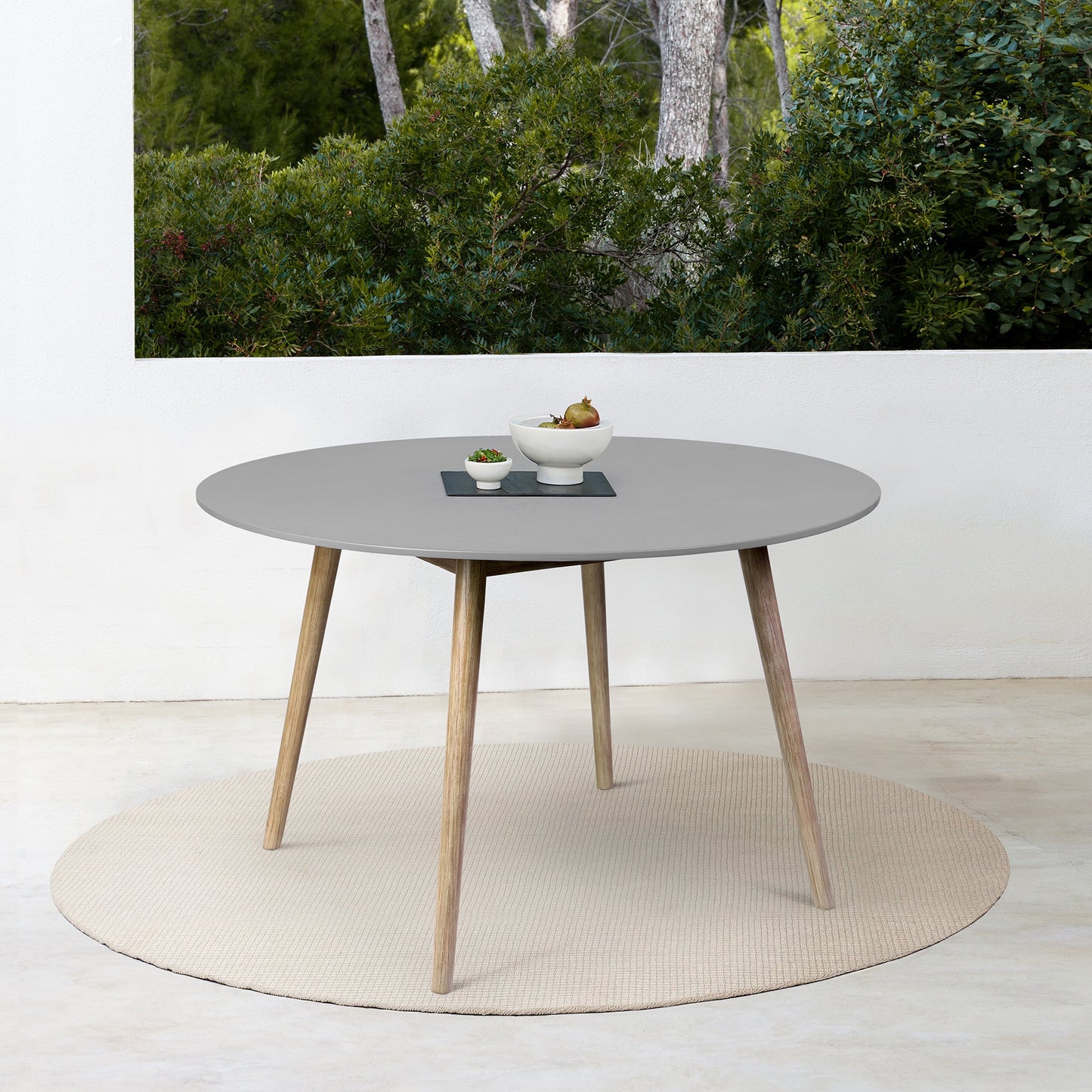 Sydney Outdoor Patio Round Dining Table in Light Eucalyptus and Gray Stone