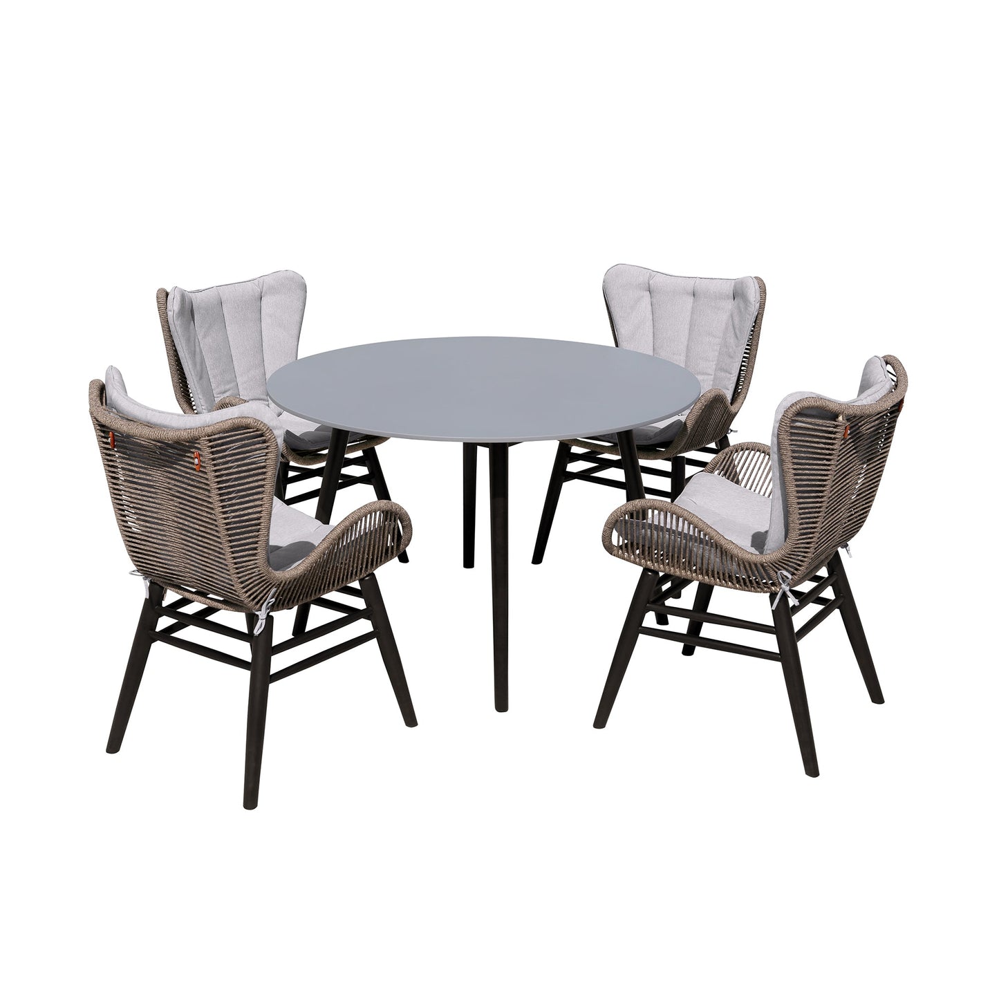 Sydney and Fanny 5 Piece Outdoor Patio Dining Set in Dark Eucalyptus Wood with Truffle Rope and Gray Cushions