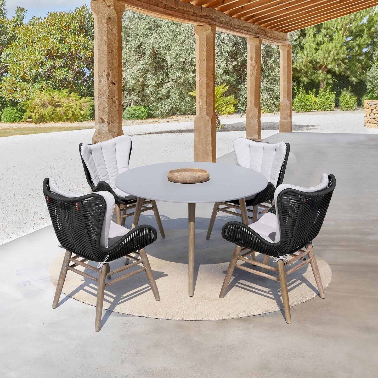 Fanny Outdoor Patio Dining Chair in Light Eucalyptus Wood and Charcoal Rope