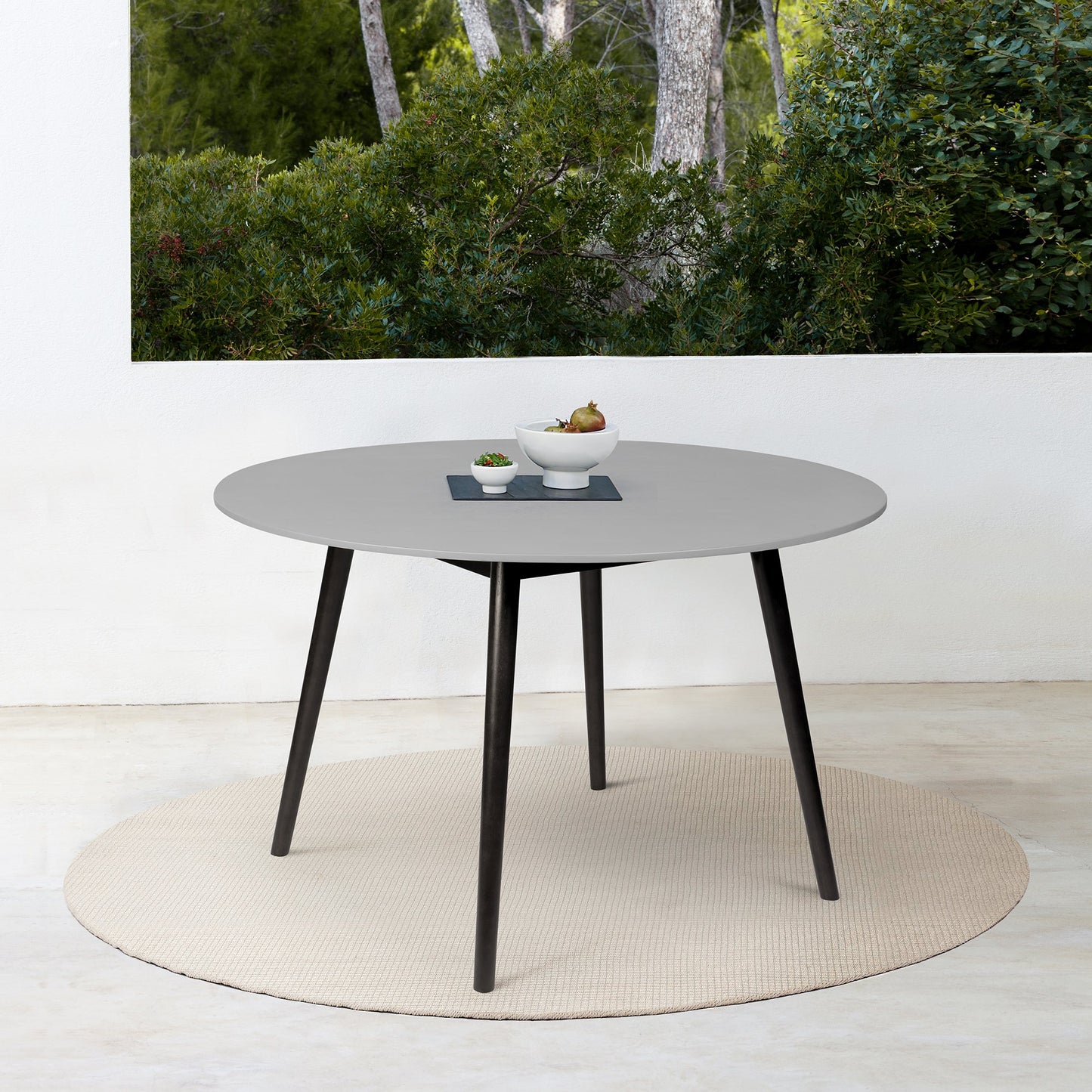 Sydney Outdoor Patio Round Dining Table in Dark Eucalyptus and Gray Stone