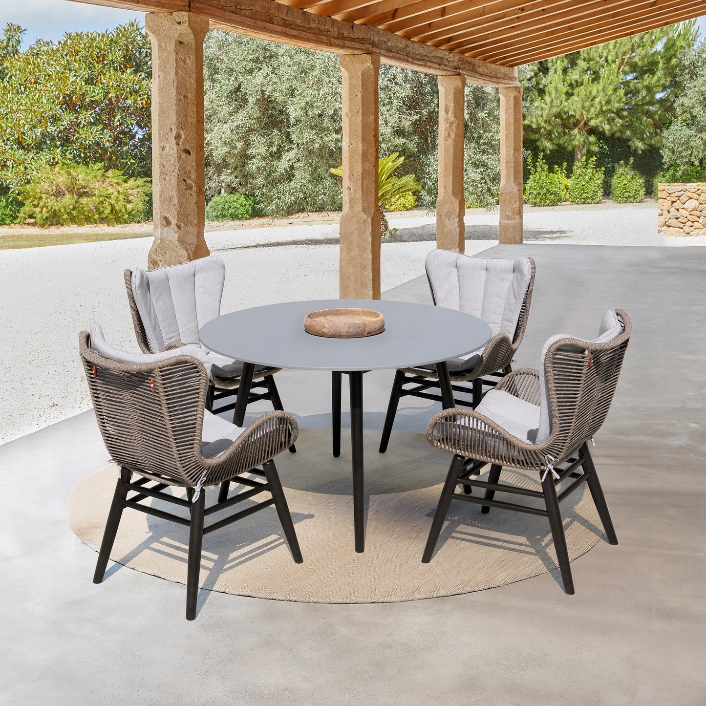 Sydney Outdoor Patio Round Dining Table in Dark Eucalyptus and Gray Stone