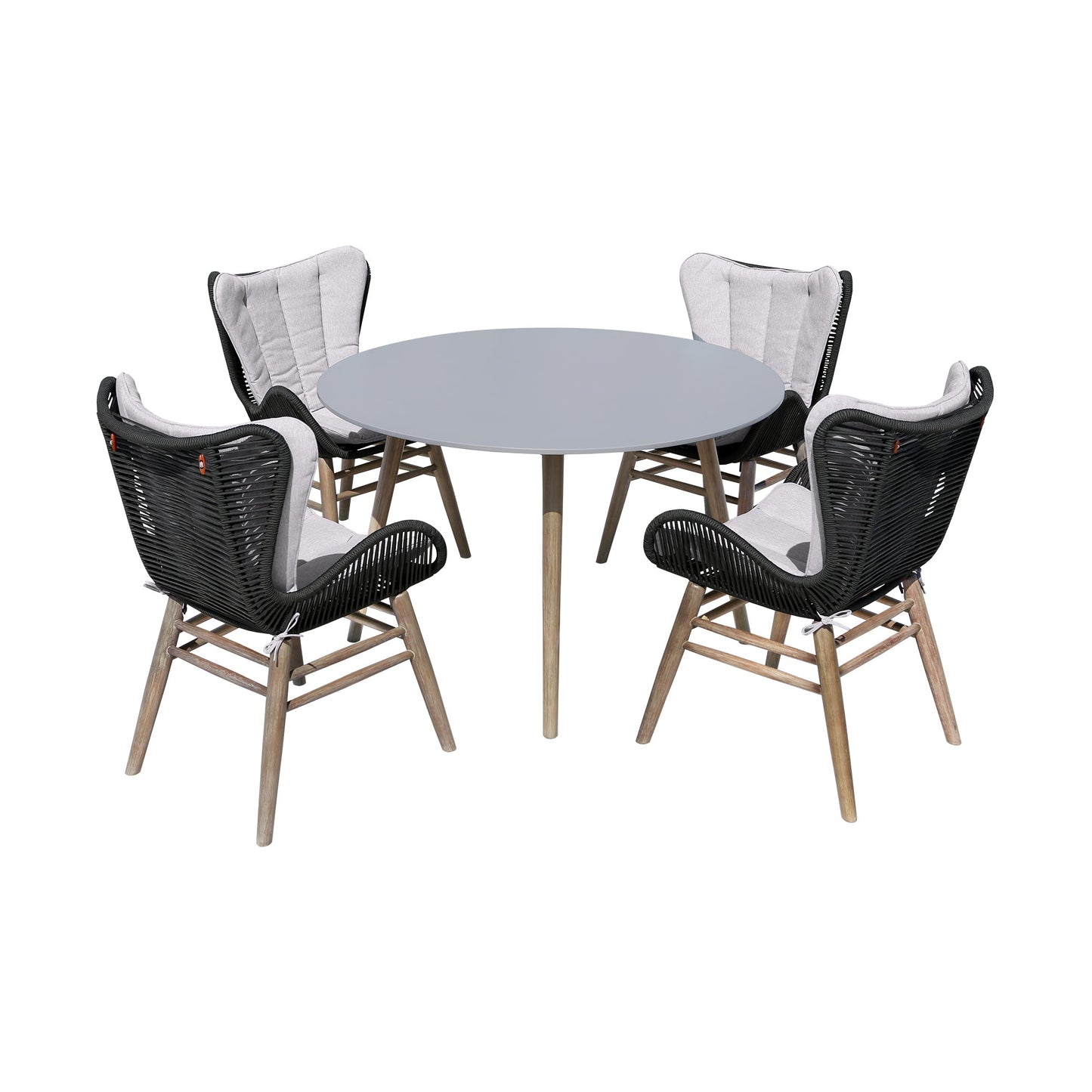 Sydney and Fanny 5 Piece Outdoor Patio Dining Set in Light Eucalyptus Wood with Charcoal Rope and Gray Cushions