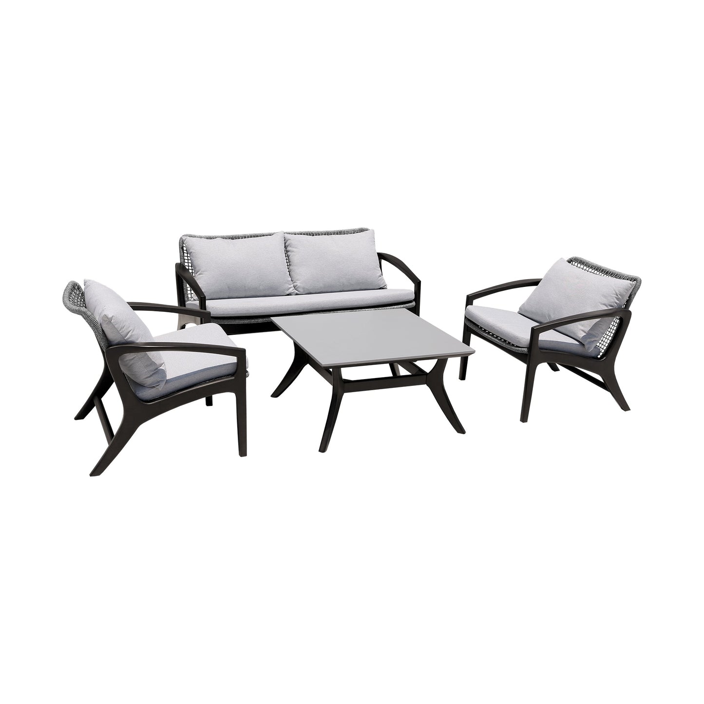 Brighton 4 Piece Outdoor Patio Seating Set in Dark Eucalyptus Wood with Gray Rope and White Cushions