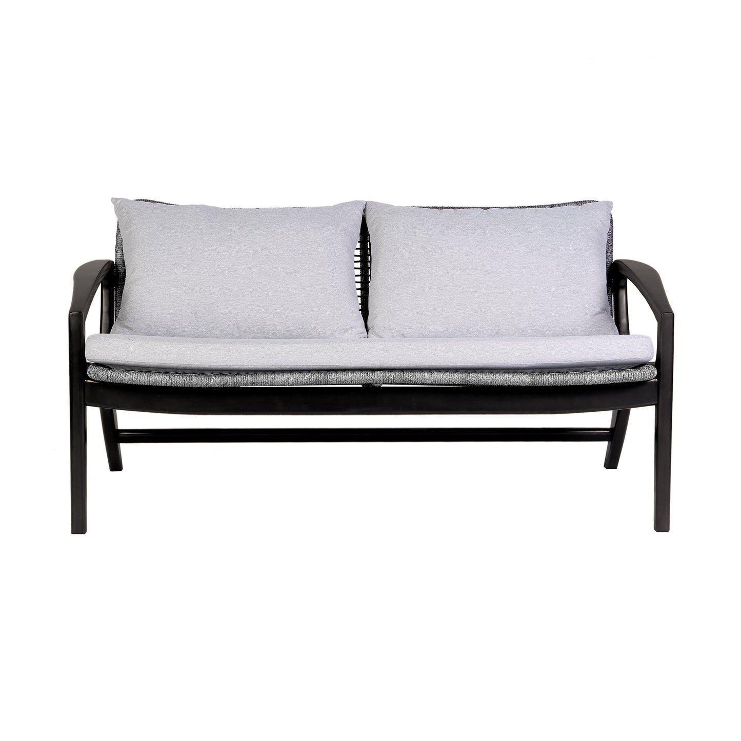 Brighton 4 Piece Outdoor Patio Seating Set in Dark Eucalyptus Wood with Gray Rope and White Cushions