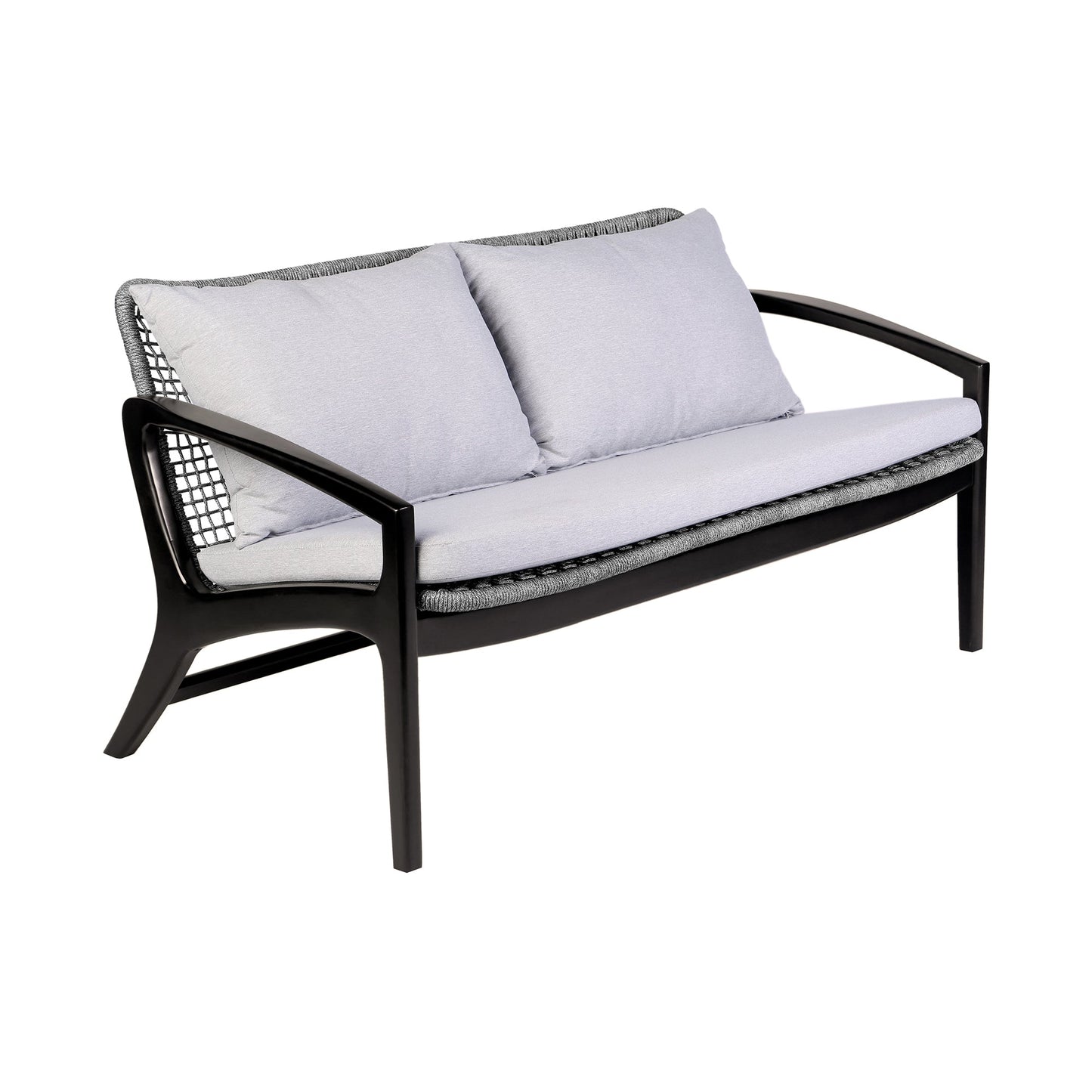 Brighton 4 Piece Outdoor Patio Seating Set in Dark Eucalyptus Wood with Gray Rope and White Cushions