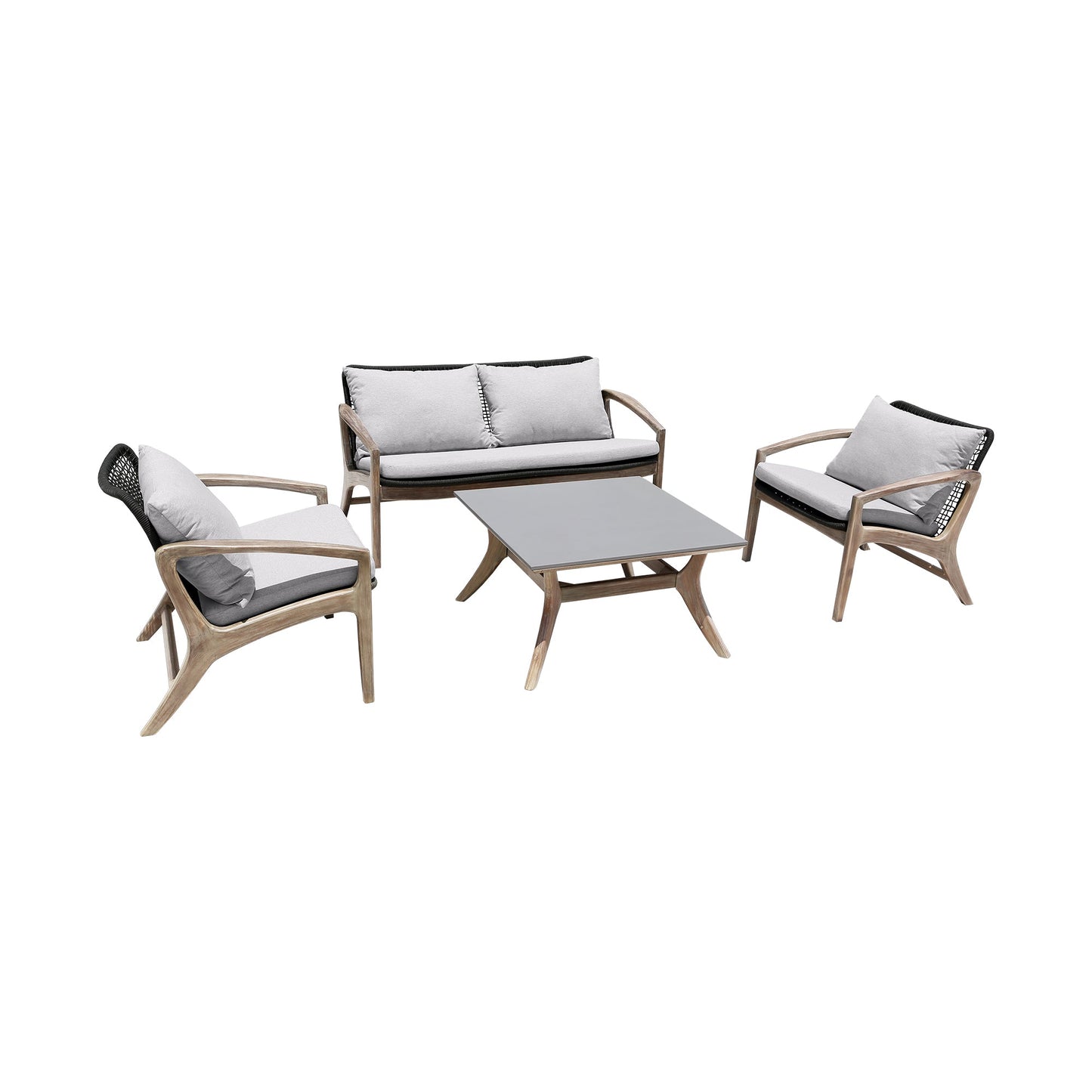 Brighton 4 Piece Outdoor Patio Seating Set in Light Eucalyptus Wood with Charcoal Rope and White Cushions