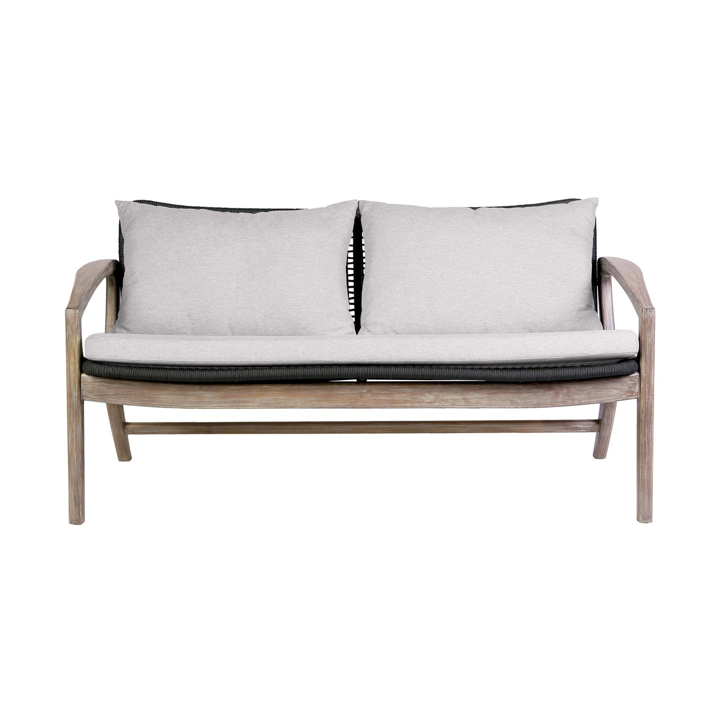 Brighton 4 Piece Outdoor Patio Seating Set in Light Eucalyptus Wood with Charcoal Rope and White Cushions