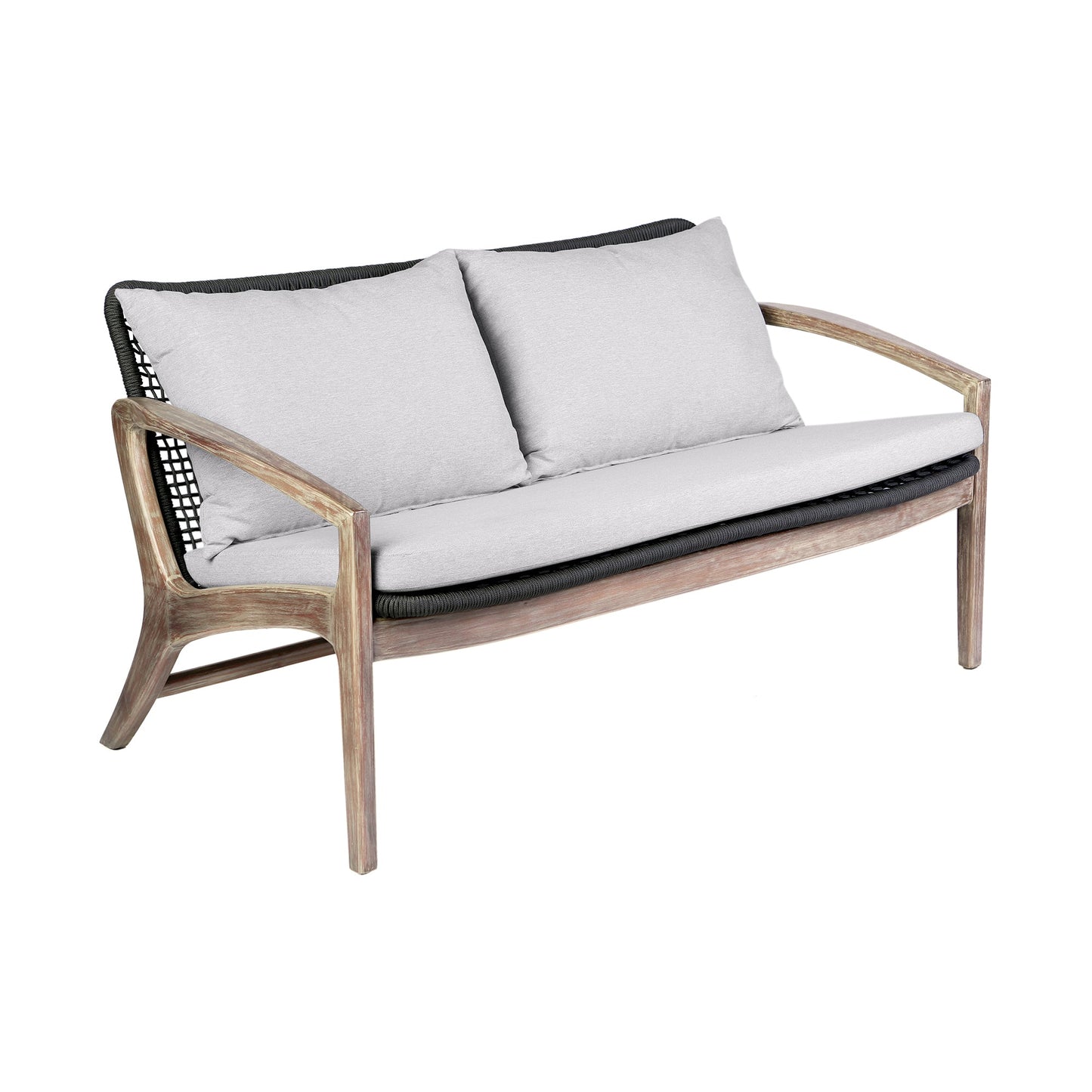 Brighton 4 Piece Outdoor Patio Seating Set in Light Eucalyptus Wood with Charcoal Rope and White Cushions