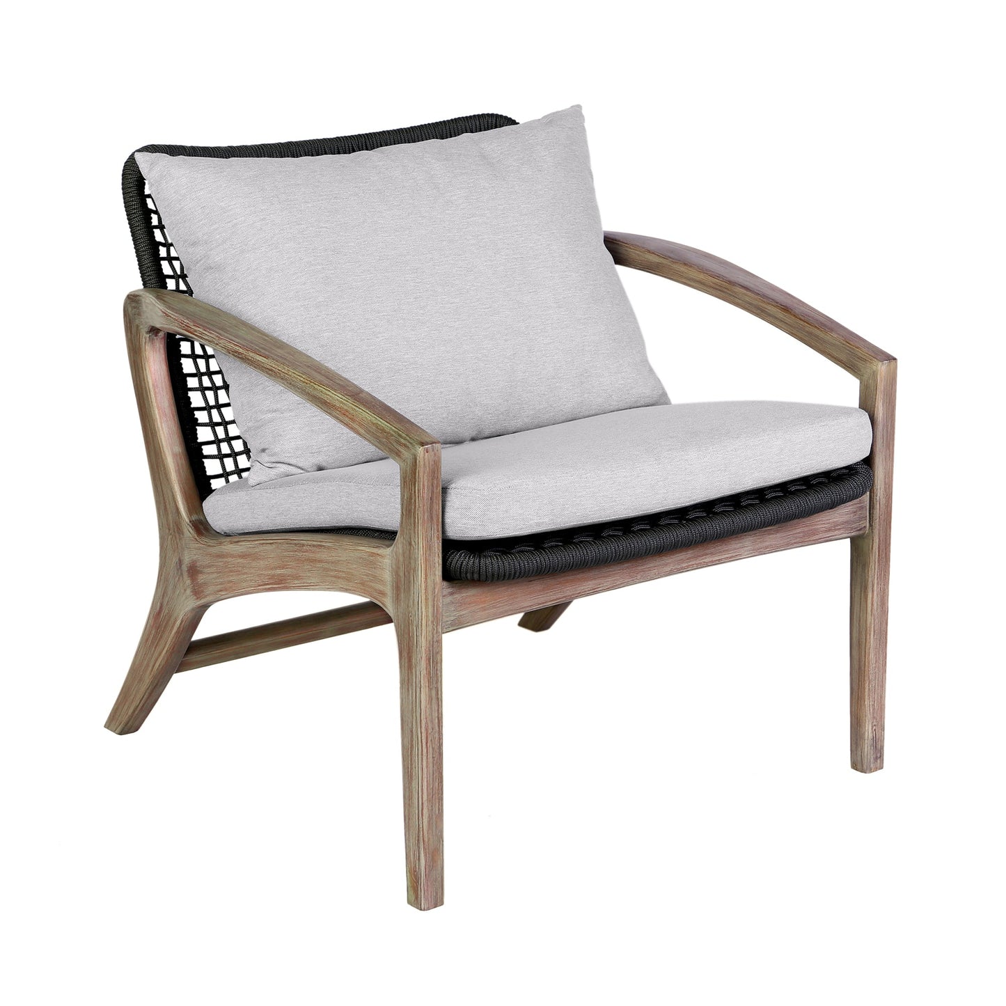 Brighton 4 Piece Outdoor Patio Seating Set in Light Eucalyptus Wood with Charcoal Rope and White Cushions