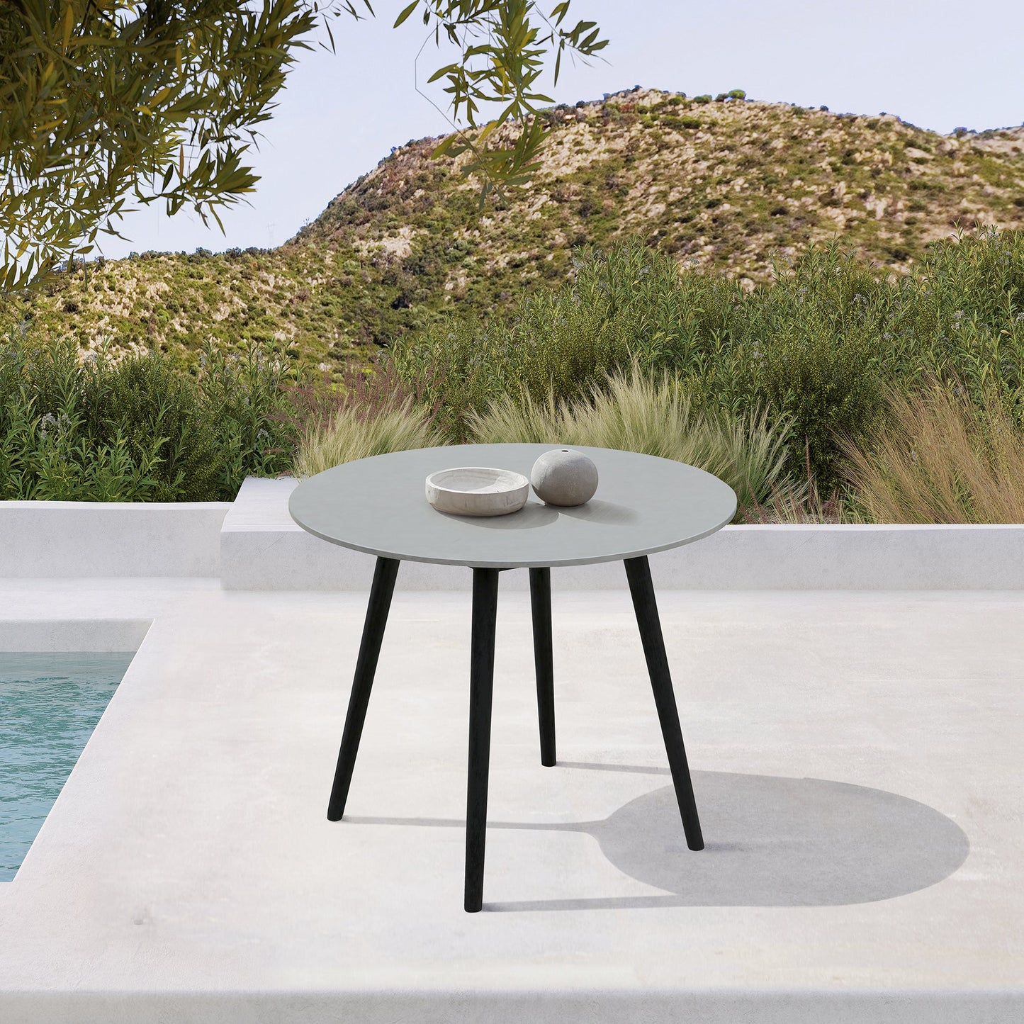 Sydney Outdoor Patio Round 36" Dining Table in Black Eucalyptus and Gray Stone