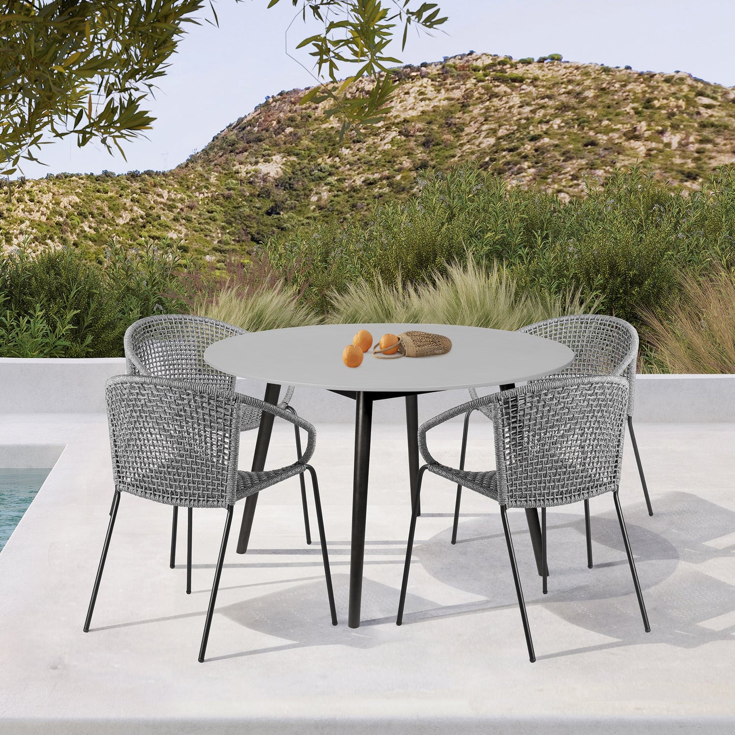 Sydney Outdoor Patio Round Dining Table in Black Eucalyptus and Gray Stone