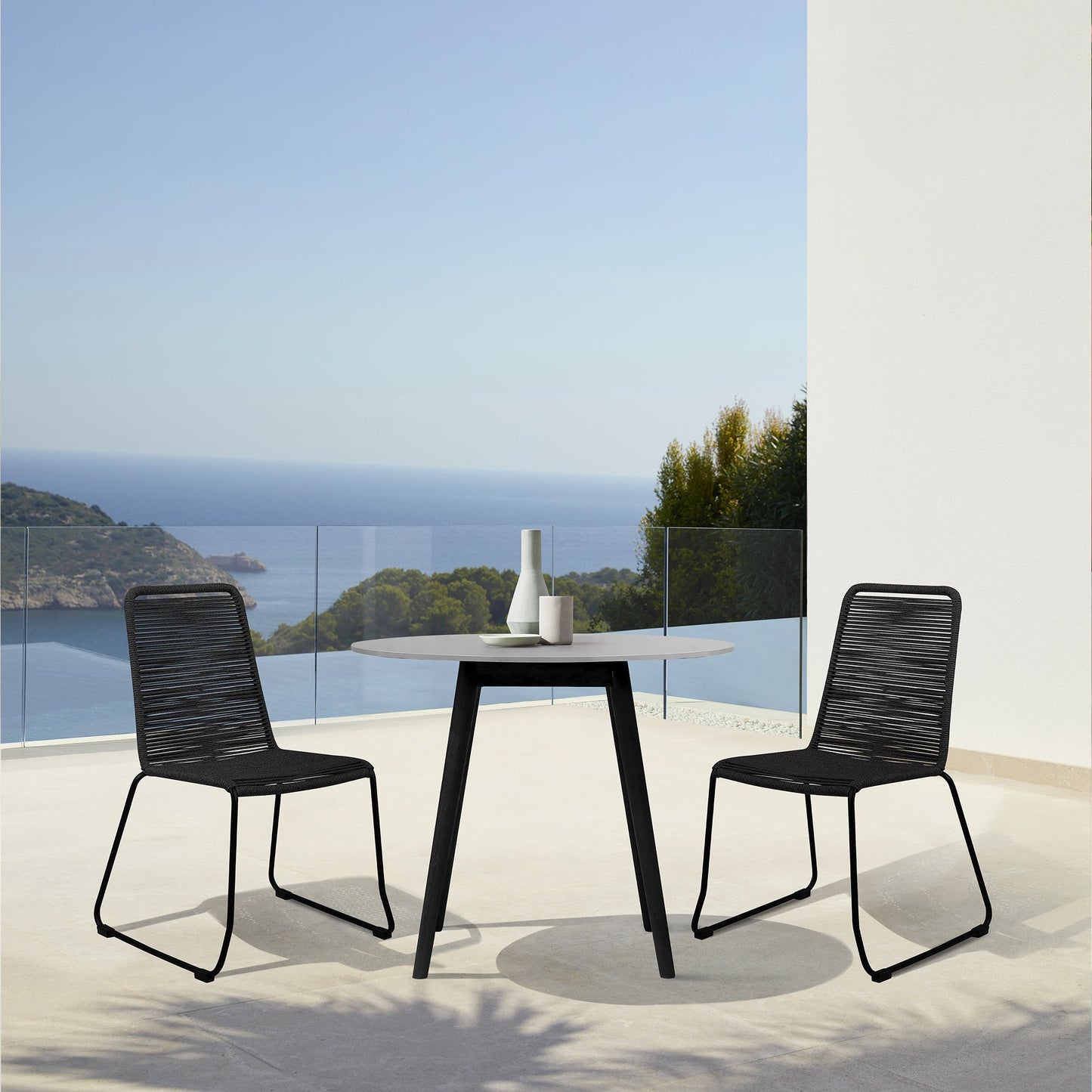 Sydney and Shasta 3 Piece Outdoor Patio 36" Dining Set in Black Eucalyptus Wood and Black Rope