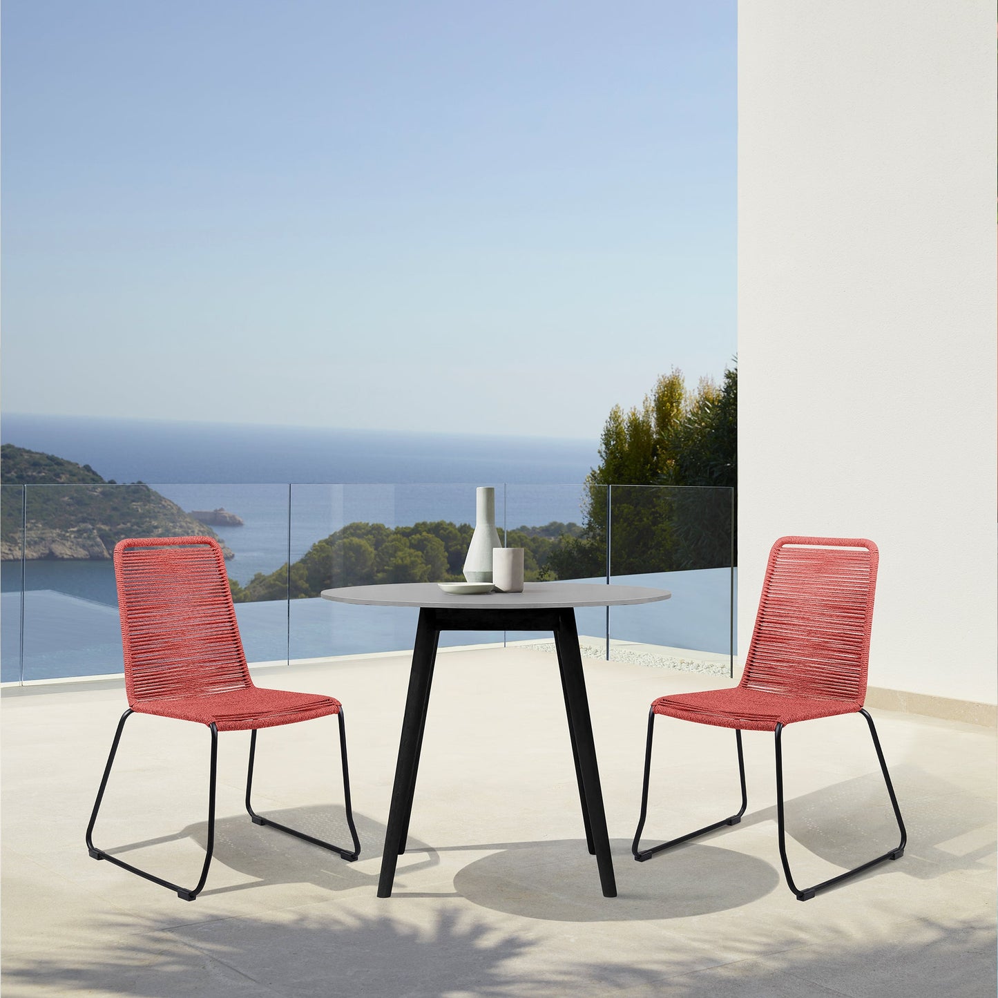 Sydney and Shasta 3 Piece Outdoor Patio 36" Dining Set in Black Eucalyptus Wood and Brick Red Rope