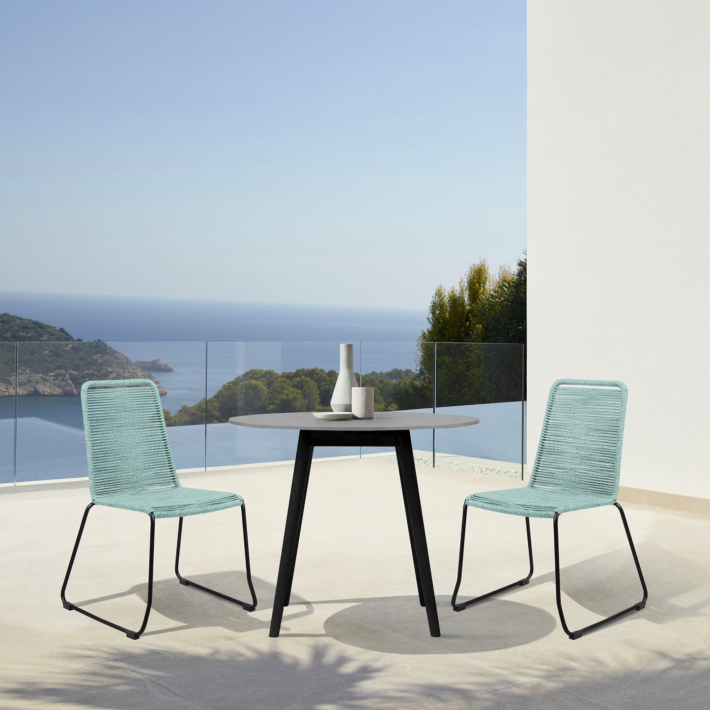 Sydney and Shasta 3 Piece Outdoor Patio 36" Dining Set in Black Eucalyptus Wood and Wasabi Rope