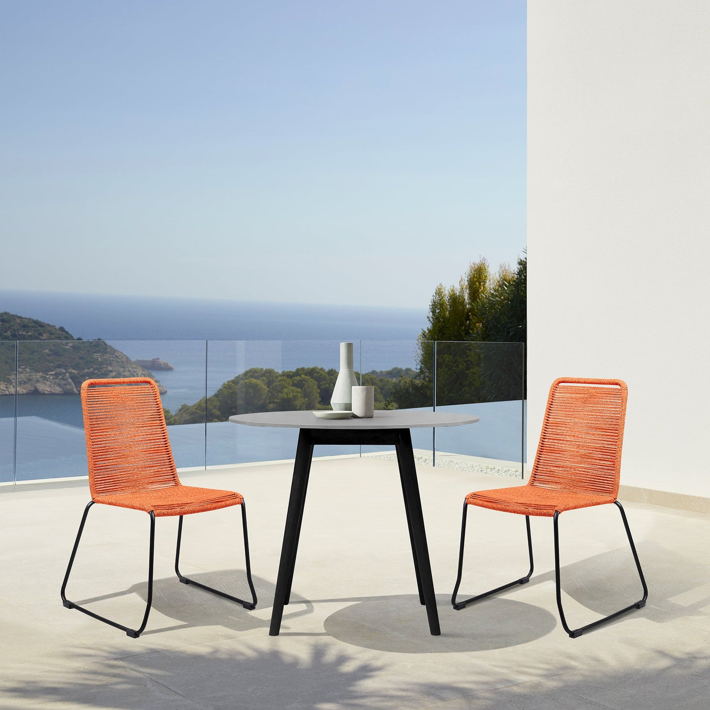 Sydney and Shasta 3 Piece Outdoor Patio 36" Dining Set in Black Eucalyptus Wood and Tangerine Rope