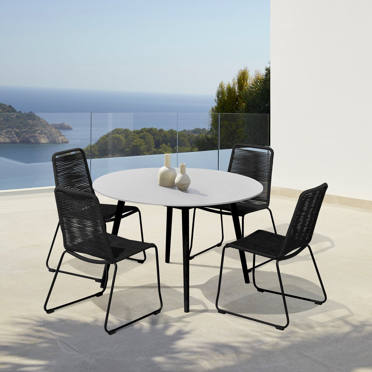 Sydney and Shasta 5 Piece Patio Outdoor Dining Set in Black Rope with Black Eucalyptus Wood