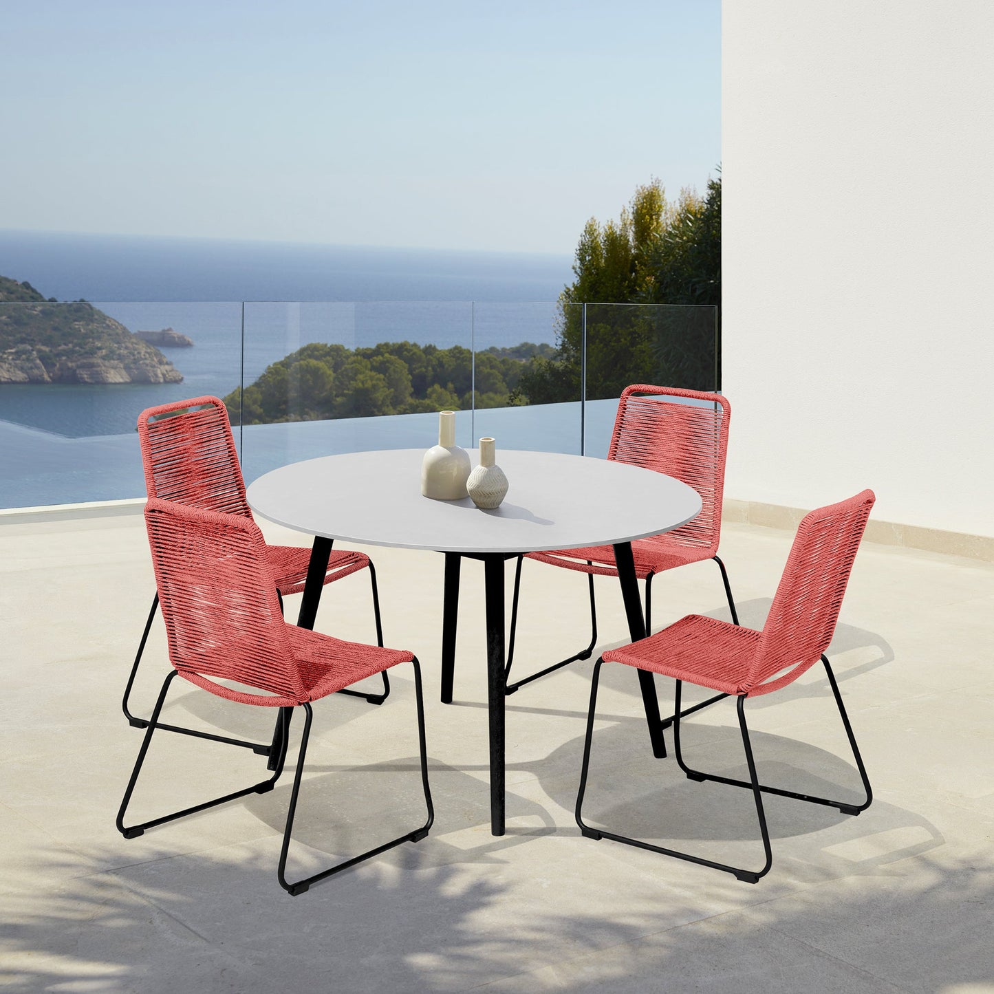 Sydney and Shasta 5 Piece Patio Outdoor Dining Set in Brick Red Rope with Black Eucalyptus Wood