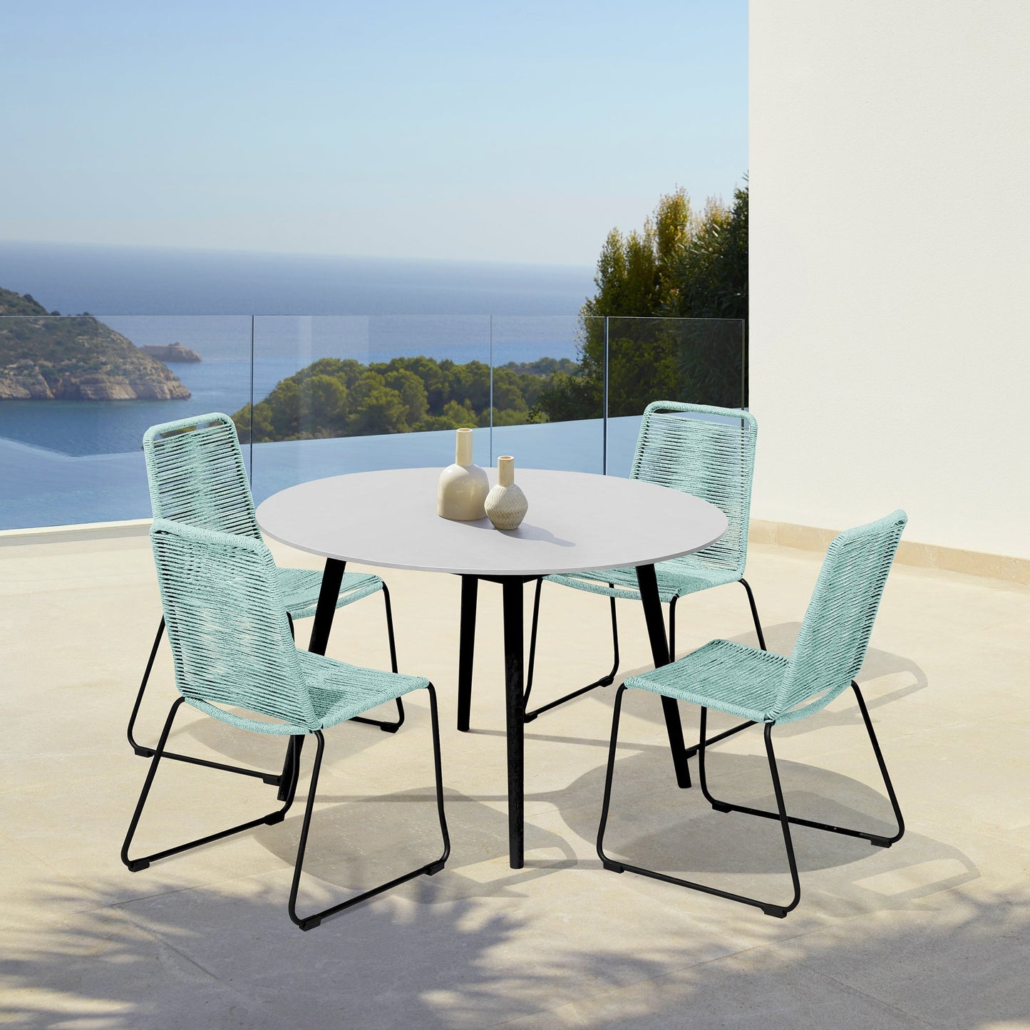 Sydney and Shasta 5 Piece Patio Outdoor Dining Set in Wasabi Rope with Black Eucalyptus Wood