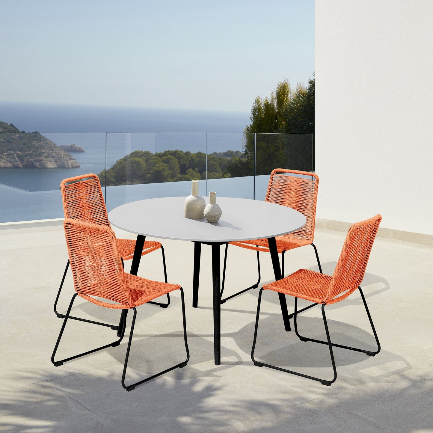 Sydney and Shasta 5 Piece Patio Outdoor Dining Set in Tangerine Rope with Black Eucalyptus Wood