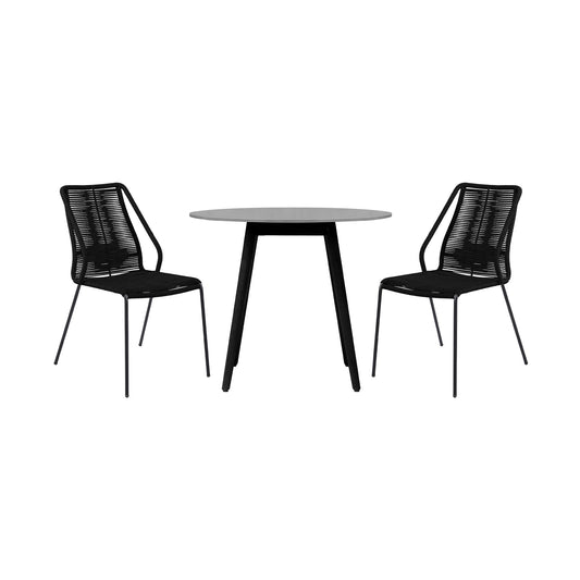 Sydney and Clip 3 Piece Outdoor Patio 36" Dining Set in Black Eucalyptus Wood and Black Rope