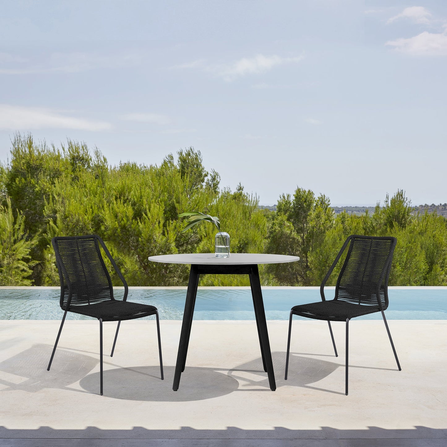 Sydney and Clip 3 Piece Outdoor Patio 36" Dining Set in Black Eucalyptus Wood and Black Rope