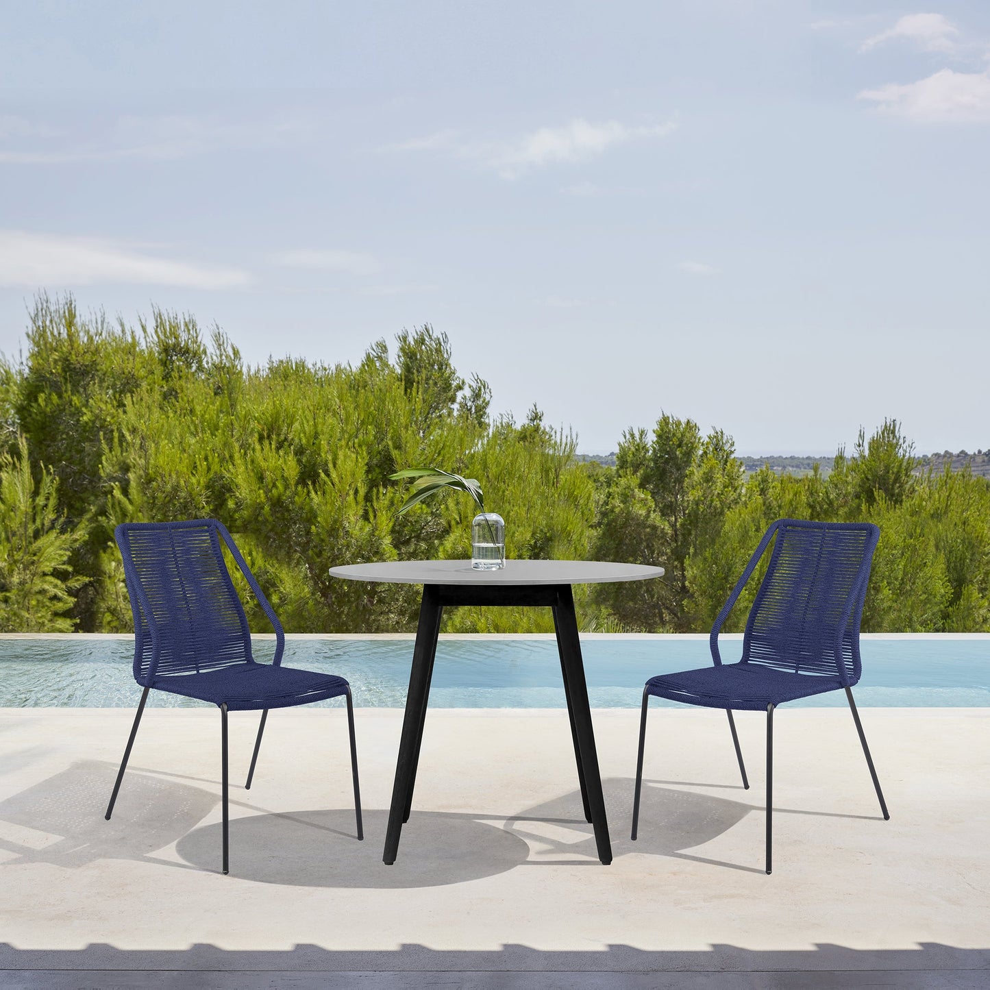 Sydney and Clip 3 Piece Outdoor Patio 36" Dining Set in Black Eucalyptus Wood and Blue Rope