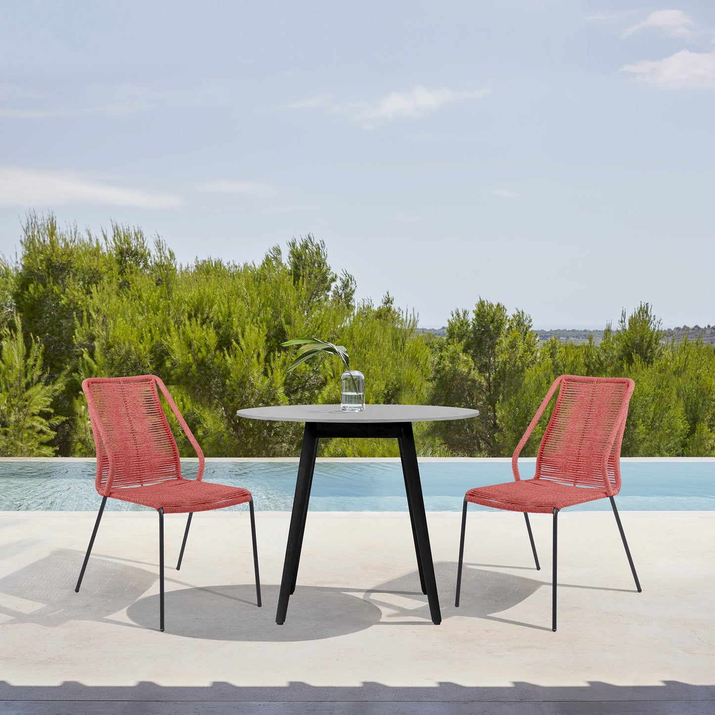 Sydney and Clip 3 Piece Outdoor Patio 36" Dining Set in Black Eucalyptus Wood and Brick Red Rope