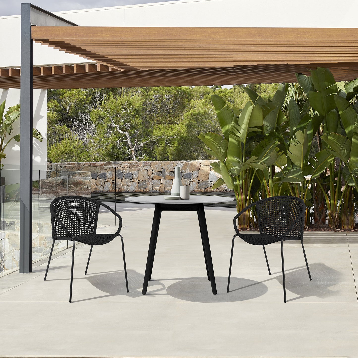 Sydney and Snack 3 Piece Outdoor Patio 36" Dining Set in Black Eucalyptus Wood and Black Rope